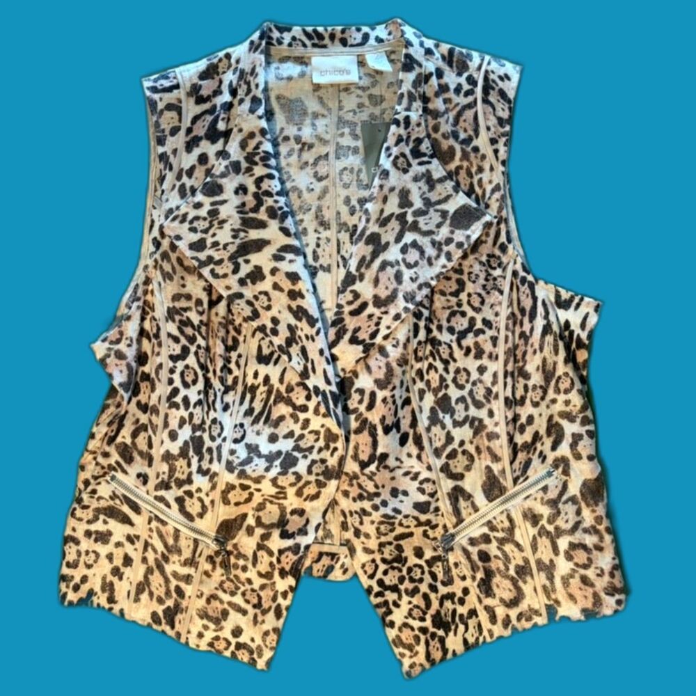 Animal Print Cheetah Vest Chico's Size 2 Linen Rayon blend Women's M/L NEW NWT